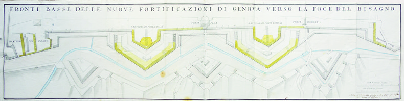 Fronti basse delle nuove fortificazioni di Genova verso la foce del Bisagno.. GÊNES. MANUSCRIT.