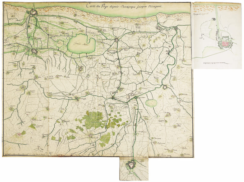 Carte du pays depuis Dunkerque jusqua Nieuport.. DUNKERQUE. MANUSCRIT.