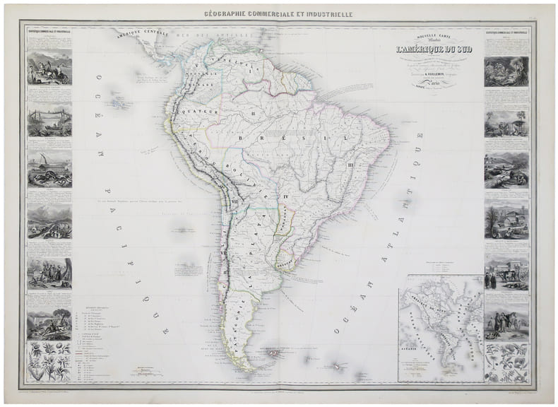  Nouvelle carte illustr&eacute;e de l'Am&eacute;rique du Sud indiquant les grandes divisions physiques, la distribution g&eacute;ographique des v&eacute;g&eacute;taux et des min&eacute;raux, ...