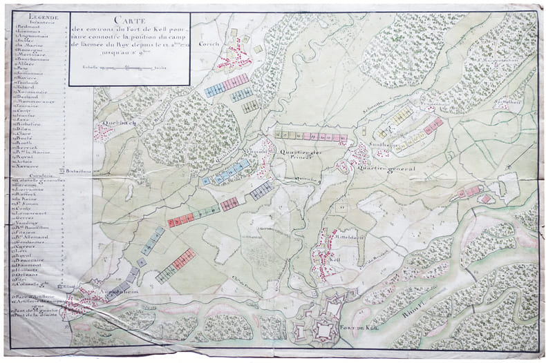 Carte des environs du fort de Kell pour faire connoitre la position du camp de l'arm&eacute;e du roy depuis le 12 8.bre 1733 jusqu'au 3e 9.bre.. KEHL. ...