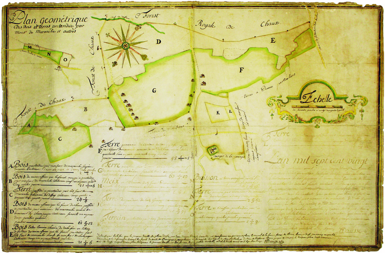 Plan géométrique des bois et terres prétendue par Monsr de Maranche et autres.. DAUSSE (Jean-Jacques). MANUSCRIT.