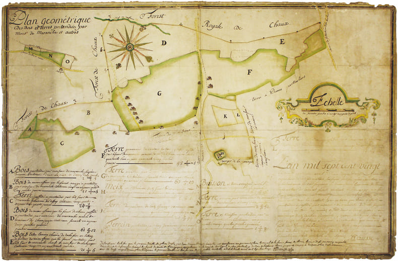 Plan g&eacute;om&eacute;trique des bois et terres pr&eacute;tendue par Monsr de Maranche et autres.. DAUSSE (Jean-Jacques). MANUSCRIT.