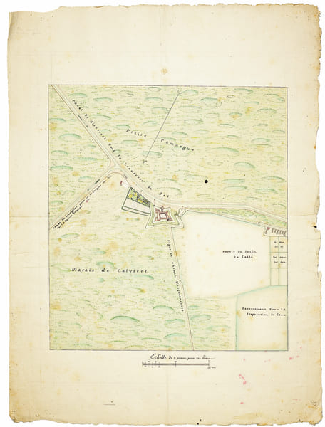 [Fort de Peccais et marais salant de l’Abb&eacute;].. AIGUES-MORTES. MANUSCRIT.
