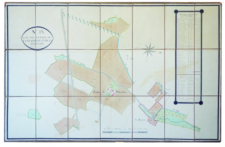 Plan des fermes de la Pilardière et de la Bergerie situées dans les communes de Suré et de Chemilly.. SURÉ. MANUSCRIT.