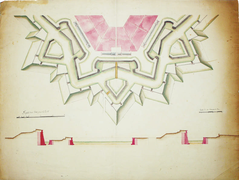 [Plan d'un d'un demi hexagone r&eacute;gulier].. FORTIFICATIONS. MANUSCRIT.