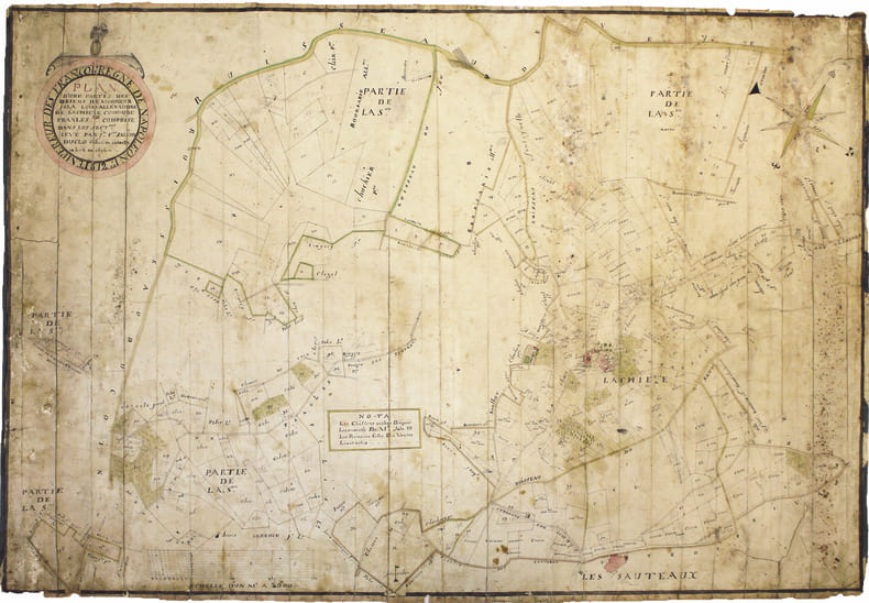 Plan d'une partie des biens de monsieur Jala Louis Allexandre de Lachieze, commune de Pranles comprise dans les sectons lev&eacute; par Jn Fois Sal&eacute;on Duclo ...