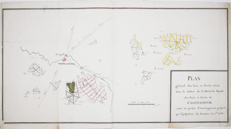 Plan g&eacute;n&eacute;ral des bois et for&ecirc;ts situ&eacute;s dans le ressort de la Ma&icirc;trise Royale des Eaux et For&ecirc;ts de Ch&acirc;teauroux relatif au projet d'am&eacute;nagement propos&eacute; ...