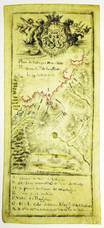 Plan de l'attaque des retranch.ts de la Sciette. Le 19 juillet 1747.. DELAGRANGE d'AUDEVILLE. MANUSCRIT.