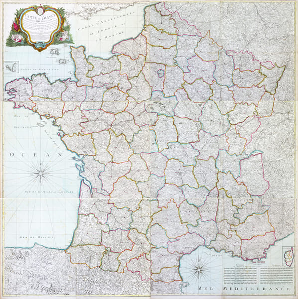 Carte de France divis&eacute;e en 86 d&eacute;partements formant la nouv. division de la R&eacute;p.e d&eacute;cr&eacute;t&eacute;e par l'Assembl&eacute;e Nation.le & sanction. en 1792.. DESNOS ...