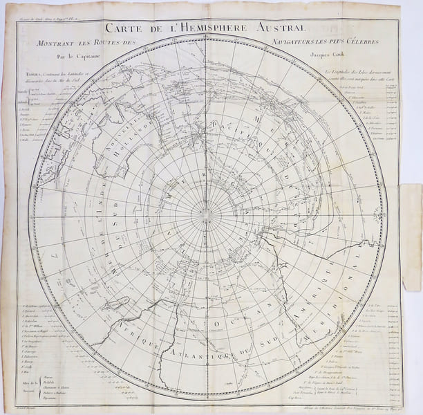 [PACIFIQUE] Carte de l'h&eacute;misph&egrave;re austral montrant les routes des navigateurs les plus c&eacute;l&egrave;bres.. COOK (James).