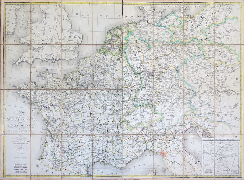 Carte de l'Empire Fran&ccedil;ais et de l'Allemagne, o&ugrave; l'on a marqu&eacute; en lieues respectives, les postes de ces deux grandes parties de l'Europe.. H&Eacute;RISSON ...