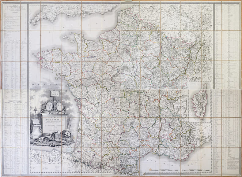 Carte de la France divis&eacute;e en 83 d&eacute;partements et subdivis&eacute;e en districts avec les chefs-lieux de cantons pr&eacute;sent&eacute;e &agrave; l'Assembl&eacute;e Nationale et au Roi.. ...