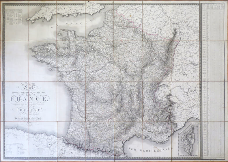 Carte physique, administrative et routi&egrave;re de la France, indiquant aussi la navigation int&eacute;rieure du royaume.. BRUE (Adrien Hubert).