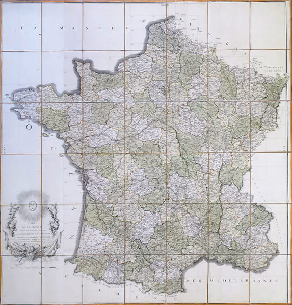 Carte de la France suivant sa nouvelle division en d&eacute;partements et districts. D&eacute;di&eacute;e &agrave; l'Assembl&eacute;e Nationale par les directeurs et associ&eacute;s de la ...