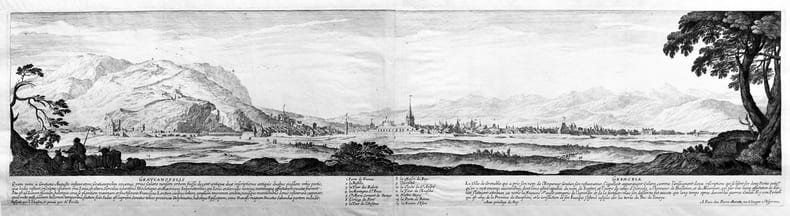 [GRENOBLE] Gratianopolis – Grenoble. Dessignée par I. Silvestre, et gravée par N. Perelle. Avec privilège du roy. A Paris chez Pierre Mariette, rue S. Jacques à l’Espérance.