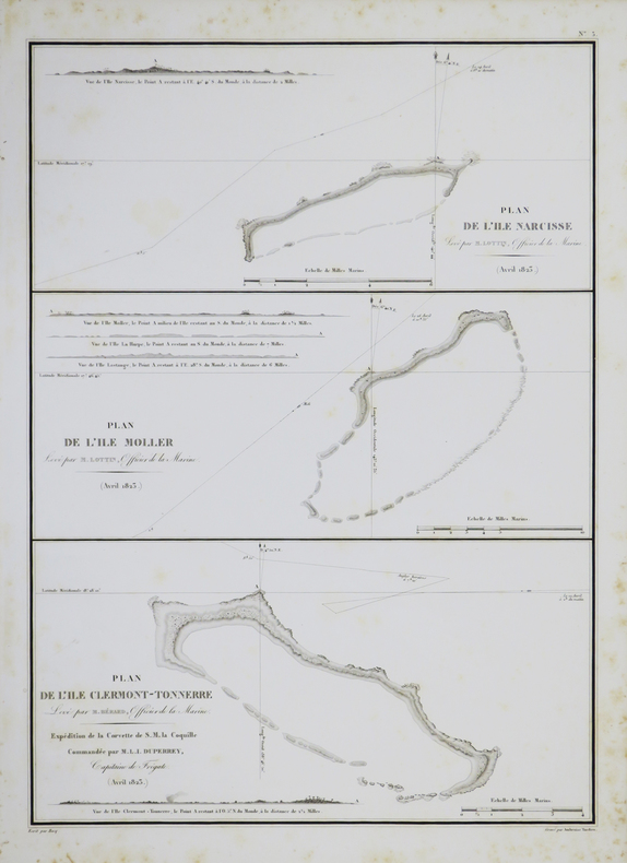 [POLYNÉSIE FRANÇAISE/ARCHIPEL des TUAMOTU-GAMBIER] Plan de l'île Narcisse - Plan de l'île Moller - Plan de l'île Clermont-Tonnerre.. DUPERREY ...