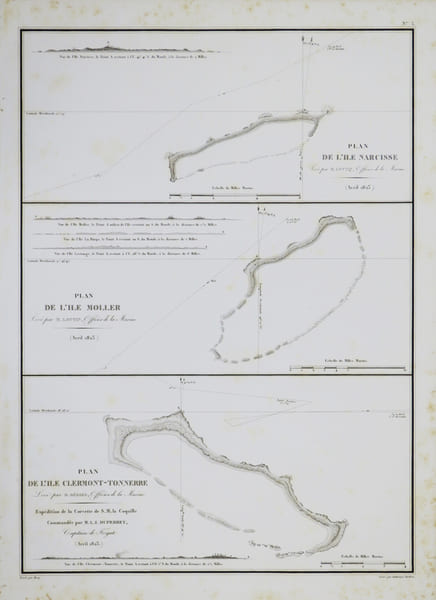 [POLYN&Eacute;SIE FRAN&Ccedil;AISE/ARCHIPEL des TUAMOTU-GAMBIER] Plan de l'&icirc;le Narcisse - Plan de l'&icirc;le Moller - Plan de l'&icirc;le Clermont-Tonnerre.. DUPERREY ...