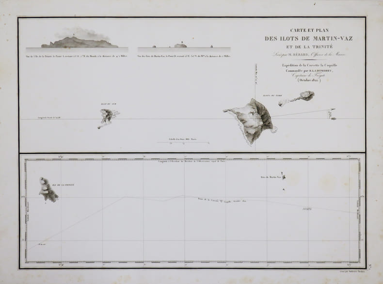 [BR&Eacute;SIL/TRINDADE et MARTIN VAZ] Carte et plan des il&ocirc;ts de Martin-Vaz et de la Trinit&eacute;.. DUPERREY (Louis-Isidore).