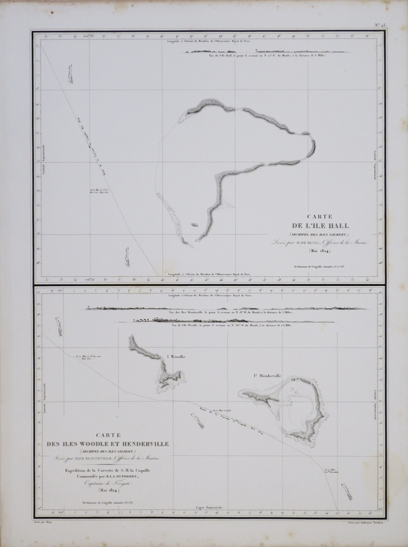 [KIRIBATI/MICRONÉSIE] Carte de l'île Hall (archipel des îles Gilbert) - Carte des îles Woodle et Henderville (archipel des îles Gilbert).. DUPERREY ...