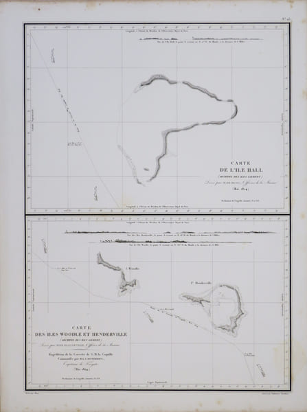 [KIRIBATI/MICRON&Eacute;SIE] Carte de l'&icirc;le Hall (archipel des &icirc;les Gilbert) - Carte des &icirc;les Woodle et Henderville (archipel des &icirc;les Gilbert).. DUPERREY ...