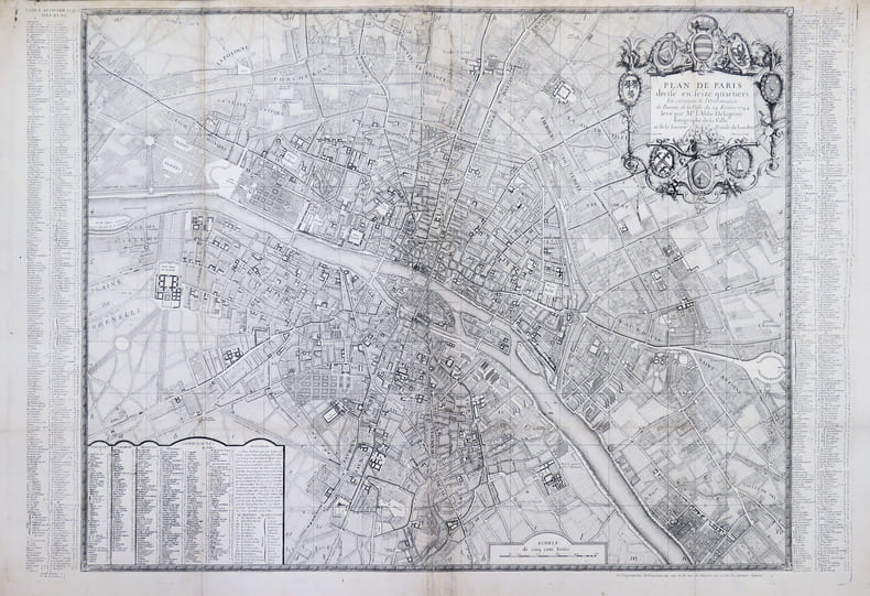 Plan de Paris divis&eacute; en seize quartiers en ex&eacute;cution de l'Ordonnance du Bureau de la Ville du 24 f&eacute;vrier 1744.. DELAGRIVE (Jean, abb&eacute;).