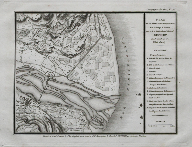 [SAINT-LAURENT-du-VAR] Plan de la défense du pont du Var par le Corps d'Armée aux ordres du lieutenant général Suchet.. TARDIEU (Ambroise).