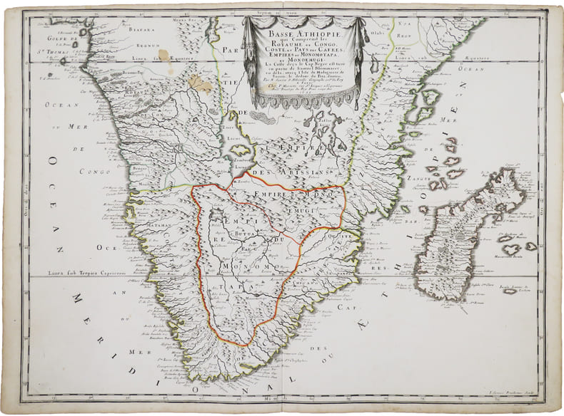[AFRIQUE M&Eacute;RIDIONALE] Basse &AElig;thiopie qui comprend les royaume de Congo, coste, et pays des Cafres, empires du Monomotapa, et Monoemugi.. SANSON ...
