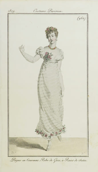 [PREMIER EMPIRE] Peigne en couronne. Robe de gaze, &agrave; raies de satin.. COSTUMES PARISIENS.