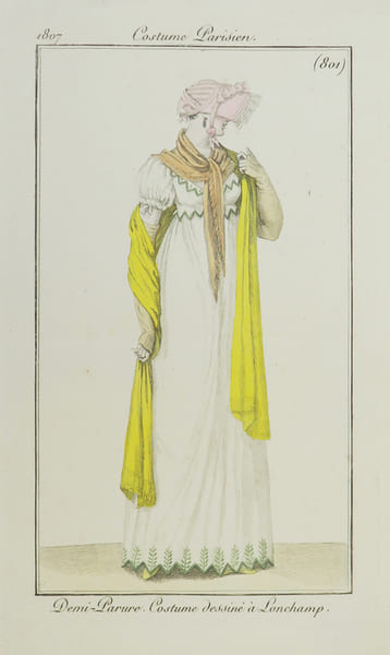 [PREMIER EMPIRE] Demi-parure. Costume dessin&eacute; &agrave; Lonchamp.. COSTUMES PARISIENS.