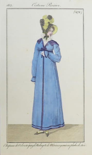 [PREMIER EMPIRE] Chapeau de velours &eacute;pingl&eacute;. Redingote de m&eacute;rinos garnie en pluche de soie.. COSTUMES PARISIENS.