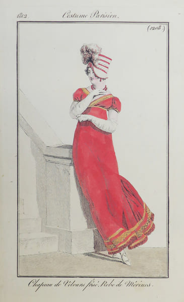 [PREMIER EMPIRE] Chapeau de velours fris&eacute;. Robe de m&eacute;rinos.. COSTUMES PARISIENS.