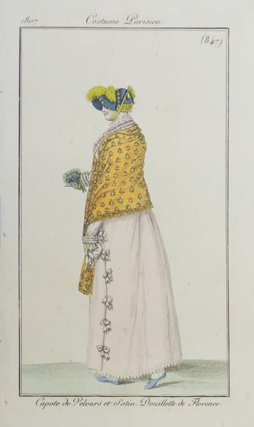 [PREMIER EMPIRE] Capote de velours en satin. Douillette de Florence.. COSTUMES PARISIENS.