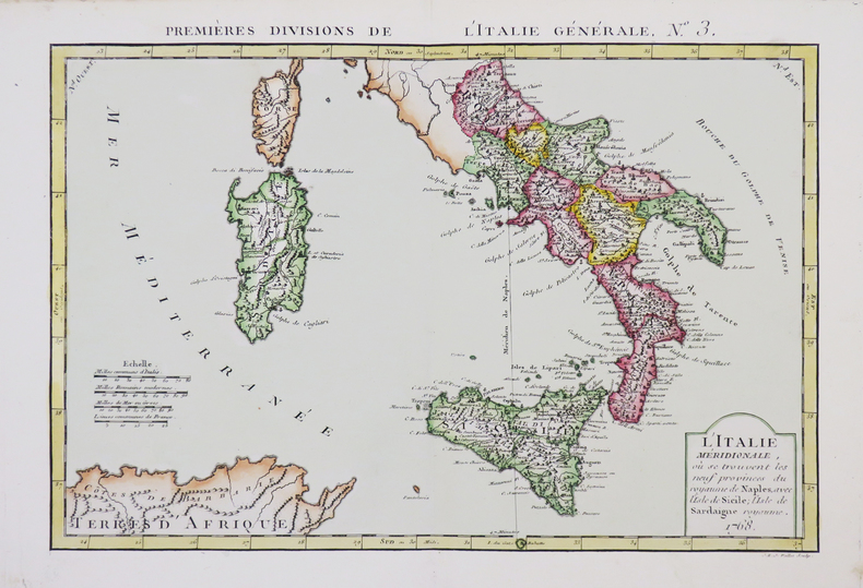 L'Italie méridionale, où se trouvent les neuf provinces du royaume de Naples, avec l'isle de Sicile, l'isle de Sardaigne royaume.. PHILIPPE de PRETOT ...