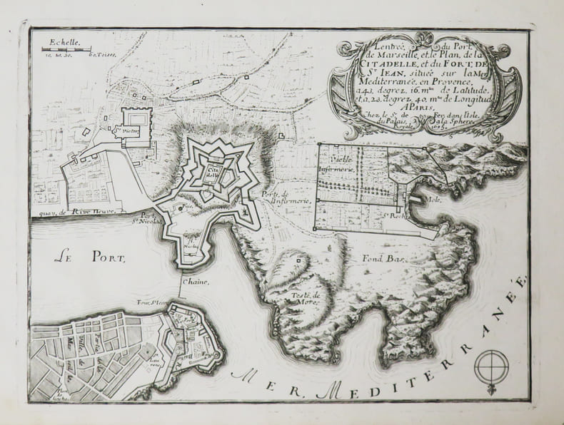  [MARSEILLE] L'Entr&eacute;e du port de Marseille, et le plan de la citadelle, et du fort de St Jean situ&eacute;e sur la mer M&eacute;diterran&eacute;e, en Provence.. FER ...
