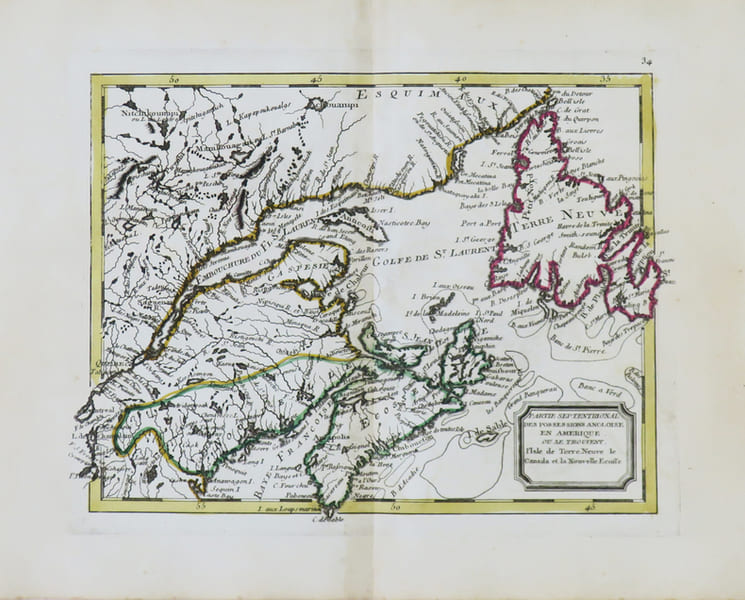  Partie septentrional des possessions angloise en Am&eacute;rique o&ugrave; se trouvent l'isle de Terre Neuve le Canada et la Nouvelle &Eacute;cosse.. NOLIN ...