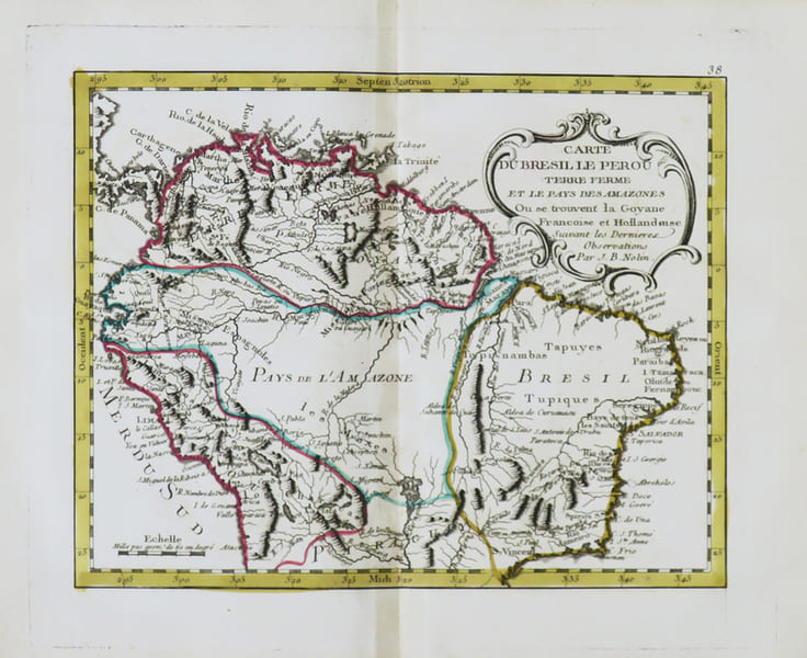  Carte du Br&eacute;sil le P&eacute;rou Terre Ferme et le Pays des Amazones o&ugrave; se trouvent la Goyane fran&ccedil;oise et hollandoise.. NOLIN (Jean-Baptiste).