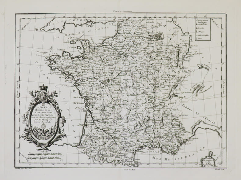  La France divis&eacute;e en ses XVIII provinces eccl&eacute;siastiques avec les dioc&egrave;ses suffragants.. PHILIPPE de PRETOT (Etienne-Andr&eacute;).