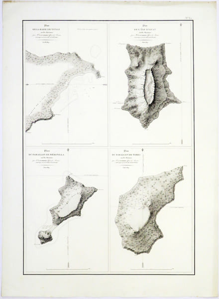  [&Icirc;LES MARIANNES] Plan de la rade de Tinian - Plan de l'&icirc;le Guguan - Plan du Farallon de M&eacute;dinilla - Plan du Farallon de Tores.. FREYCINET ...