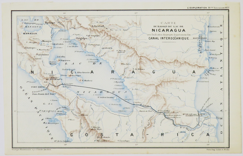  [NICARAGUA] Carte du bassin du lac de Nicaragua avec l'indication des projets de percement d'un canal interocéanique. . HAUSERMANN (Rémi).