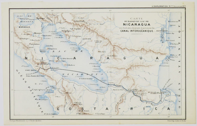  [NICARAGUA] Carte du bassin du lac de Nicaragua avec l'indication des projets de percement d'un canal interoc&eacute;anique. . HAUSERMANN (R&eacute;mi).