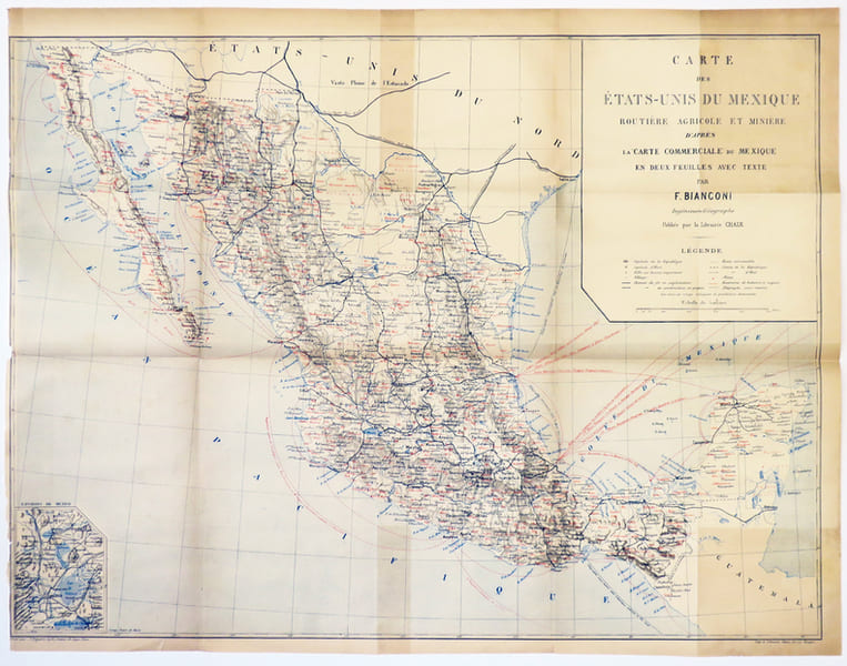  [MEXIQUE] Carte des &Eacute;tats-Unis du Mexique routi&egrave;re agricole et mini&egrave;re d'apr&egrave;s la carte commerciale du Mexique en deux feuilles avec texte. . ...
