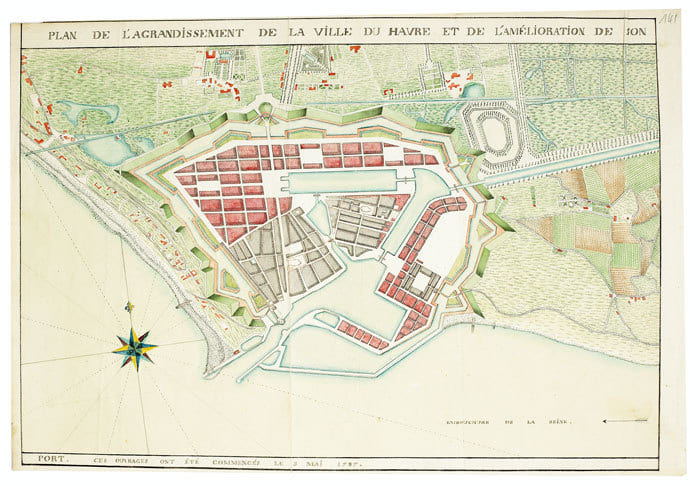 Plan de l’agrandissement de la ville du Havre et de l’am&eacute;lioration de son port. Ces ouvrages ont &eacute;t&eacute; commenc&eacute;s le 3 mai 1787.. LE HAVRE. MANUSCRIT.