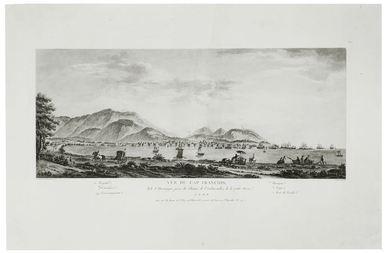 [HA&Iuml;TI] Vue du Cap Fran&ccedil;ois, isle St. Domingue, prise du chemin de l'embarcad&egrave;re de la Petite Anse.. BRUNI&Egrave;RE (Fernand de la) & PONCE (Nicolas).