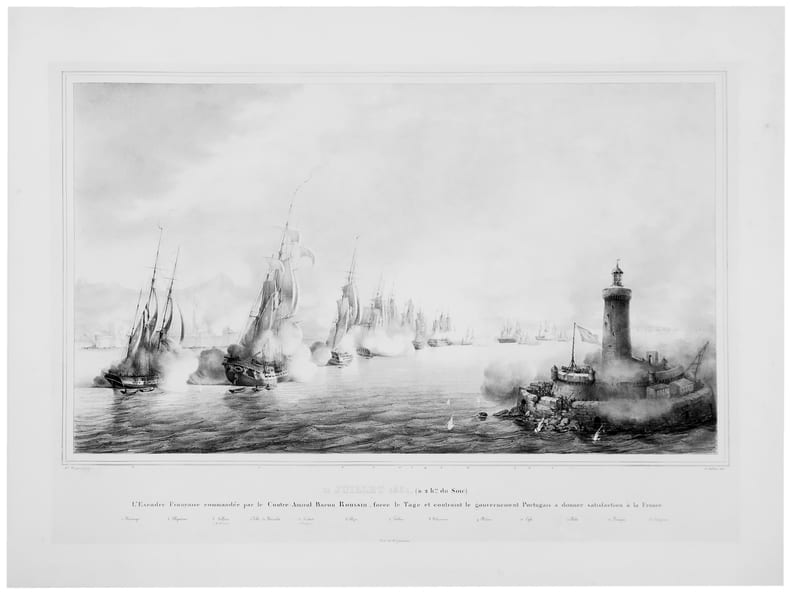  [COMBAT du TAGE] 11 juillet 1831 (&agrave; 2 hes du soir). L'Escadre fran&ccedil;aise command&eacute;e par le contre-amiral baron Roussin, force le Tage et contraint le ...