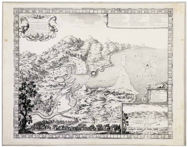  [PAYS BASQUE / TRAIT&Eacute; DE PAIX DES PYR&Eacute;N&Eacute;ES / &Icirc;LE des FAISANS] Plan de l'isle de la Conf&eacute;rence o&ugrave; le Trait&eacute; de la Paix G&eacute;n&eacute;rale, entre la France et ...