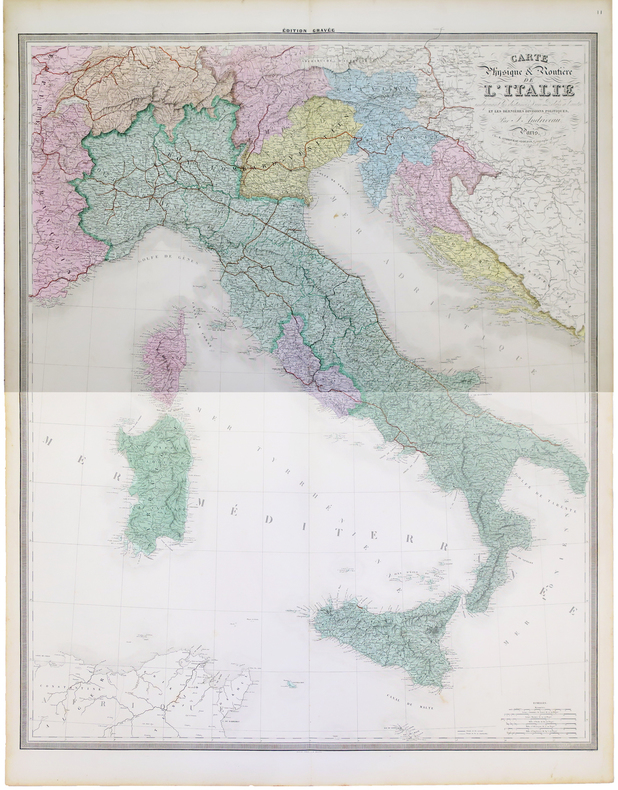  Carte physique et routière de l'Italie indiquant les distances d'un relais à l'autre et les dernières divisions politiques.. ANDRIVEAU-GOUJON (J.).