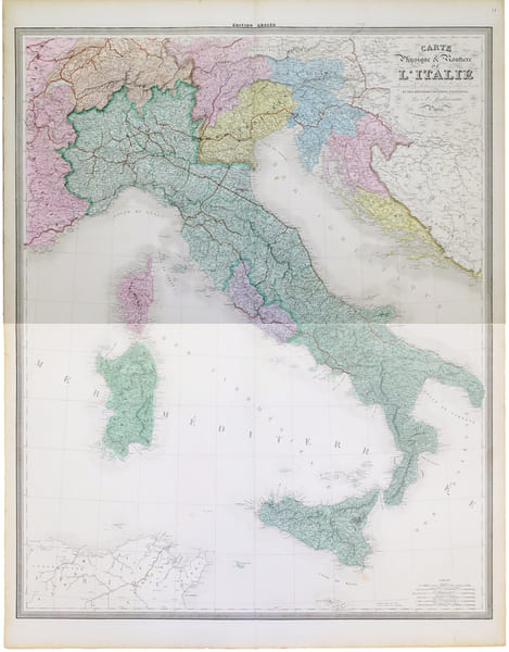  Carte physique et routi&egrave;re de l'Italie indiquant les distances d'un relais &agrave; l'autre et les derni&egrave;res divisions politiques.. ANDRIVEAU-GOUJON (J.).