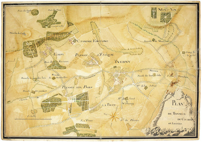  Plan [des propri&eacute;t&eacute;s] de monsieur [le marquis] du Coudray et environs.. LE PLESSIS-AUX-BOIS. MANUSCRIT.