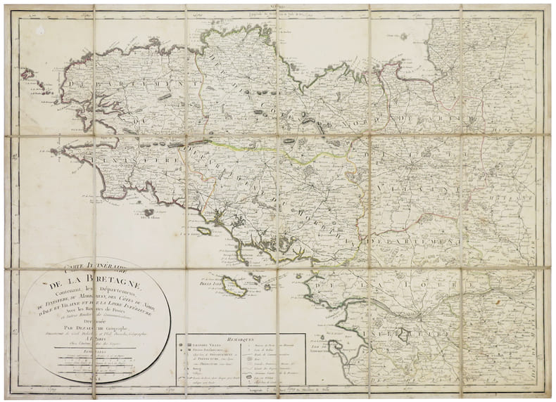  [BRETAGNE] Carte itin&eacute;raire de la Bretagne contenant les d&eacute;partemens du Finist&egrave;re, du Morbihan, des C&ocirc;tes du Nord, d'Isle et Vilaine et de la Loire ...