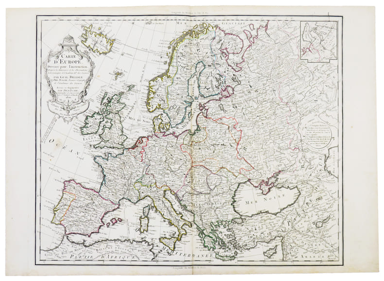  Carte d'Europe dress&eacute;e pour l'instruction. D'apr&egrave;s les itin&eacute;raires et les observations astronomiques de l'Acad&eacute;mie R.le des Sciences.. L'ISLE ...